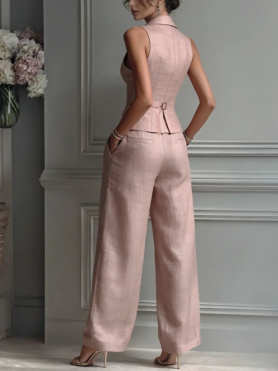 Willa | Women's Linen Sleeveless Vest and Wide-Leg Trousers Set in Soft Blush Pink 5