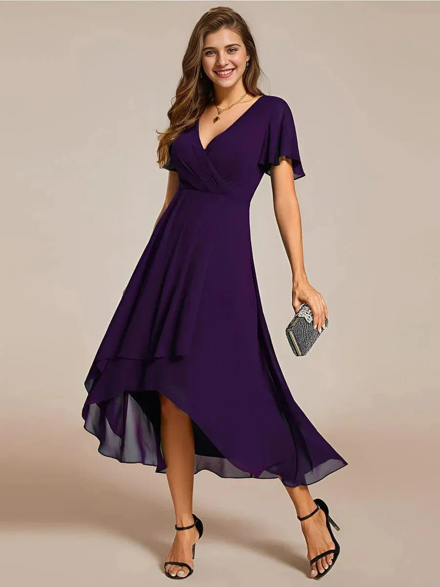 Women's Elegant White Maxi Dress | Soft V-Neck, High-Low Hem, Flutter Sleeves 11