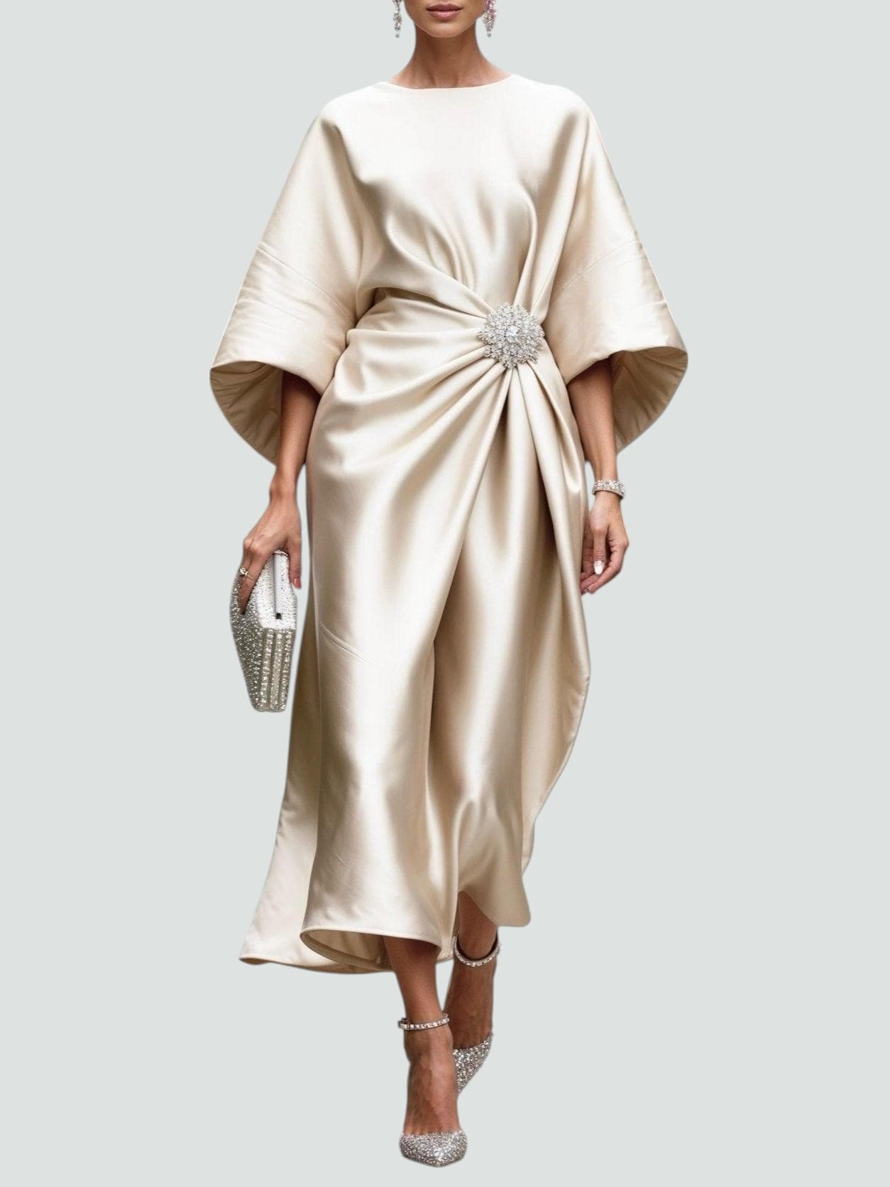 Women's Satin Midi Dress | Gathered Waist with Brooch, Elegant Formal Style 5