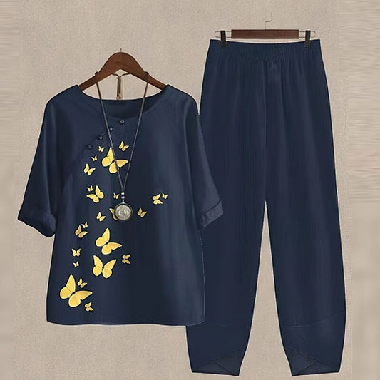 Ava | Women's Loungewear Butterfly Print Linen Two Piece Set 0