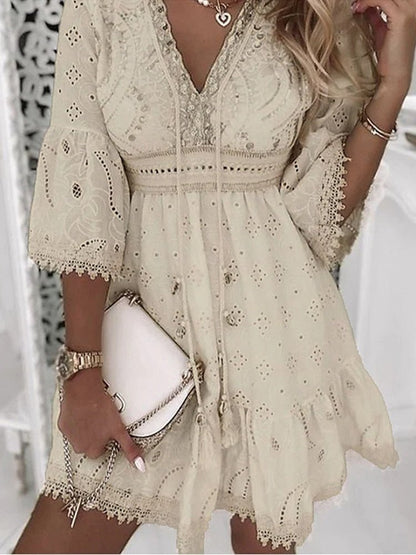 Ava | Women's Summer Boho Mini Dress with Lace Bell Sleeves 0
