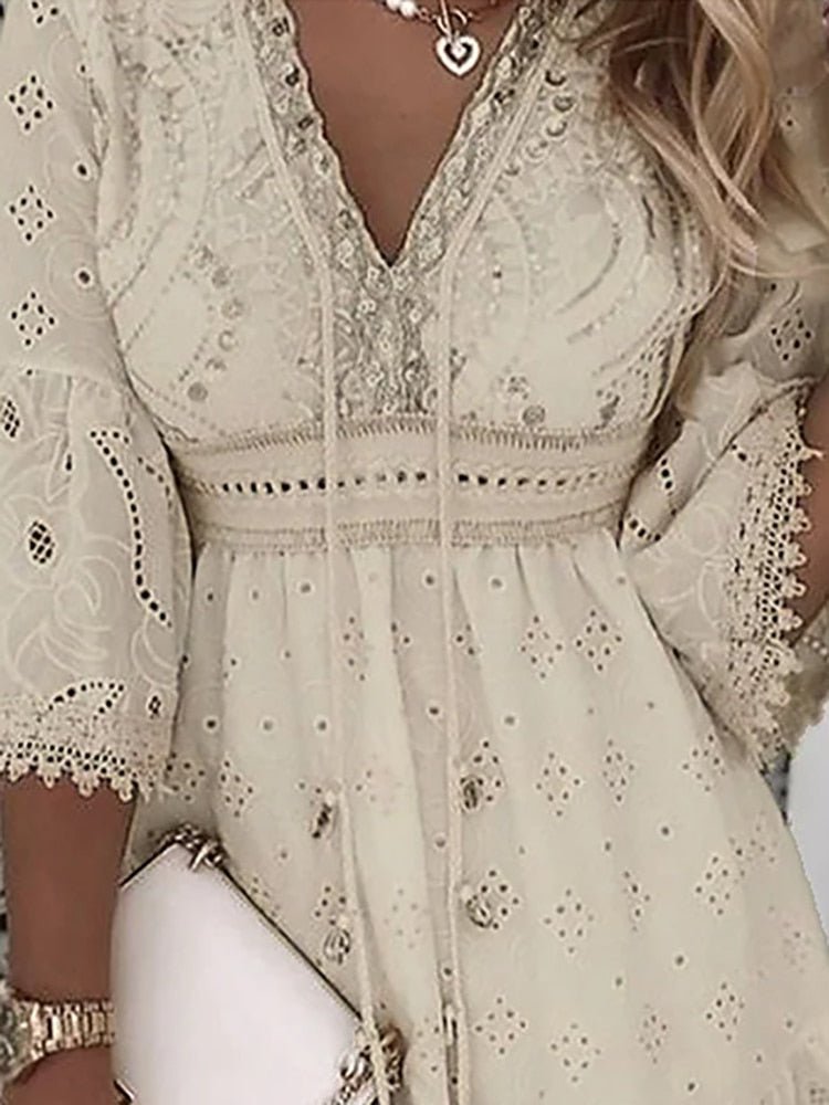 Ava | Women's Summer Boho Mini Dress with Lace Bell Sleeves 1