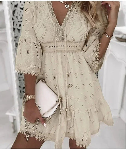 Ava | Women's Summer Boho Mini Dress with Lace Bell Sleeves 2