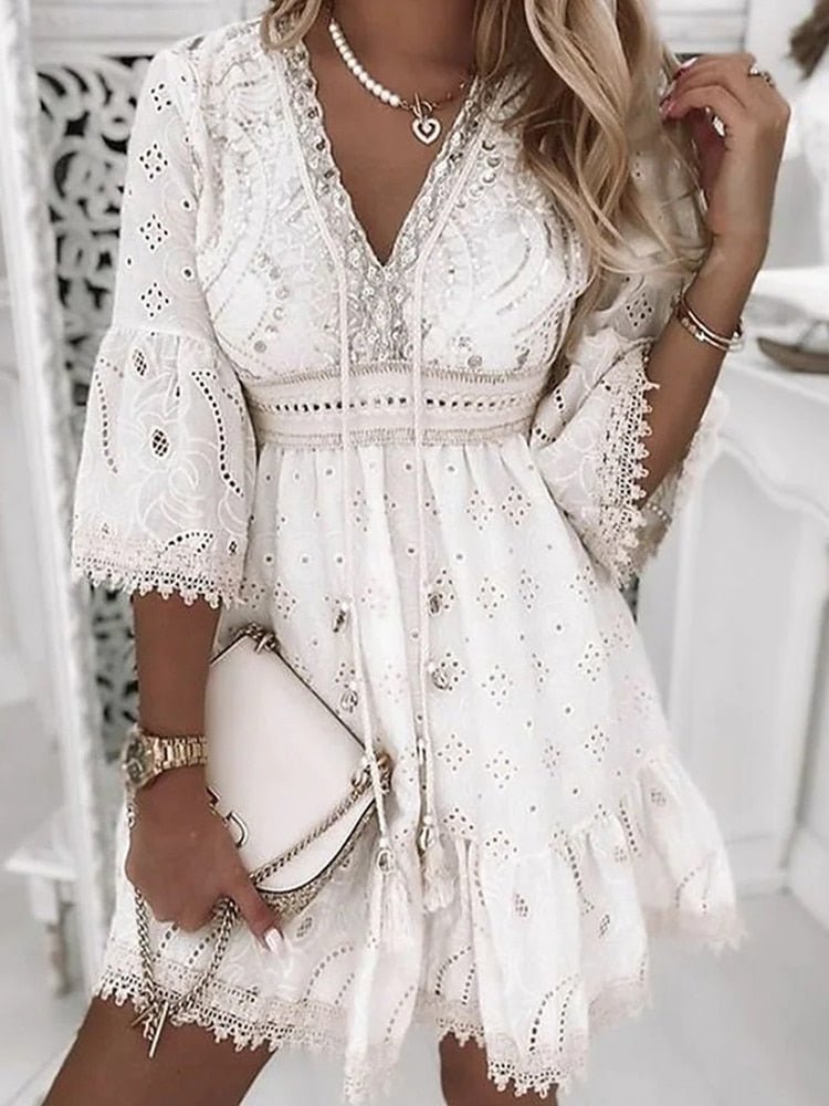 Ava | Women's Summer Boho Mini Dress with Lace Bell Sleeves 3