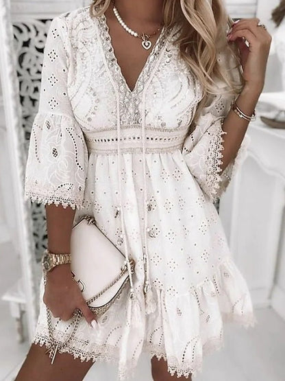 Ava | Women's Summer Boho Mini Dress with Lace Bell Sleeves 3