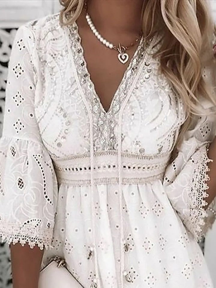Ava | Women's Summer Boho Mini Dress with Lace Bell Sleeves 4