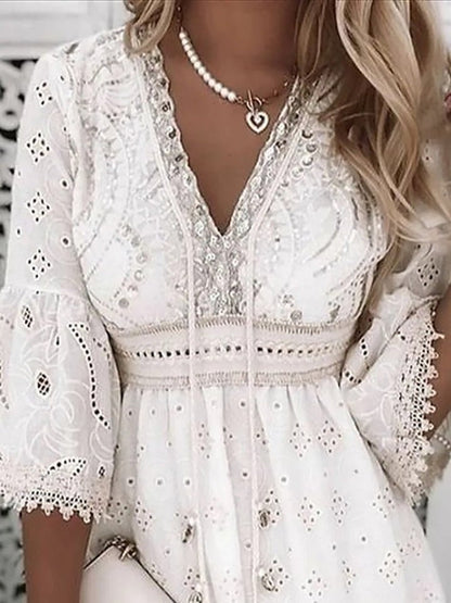 Ava | Women's Summer Boho Mini Dress with Lace Bell Sleeves 4