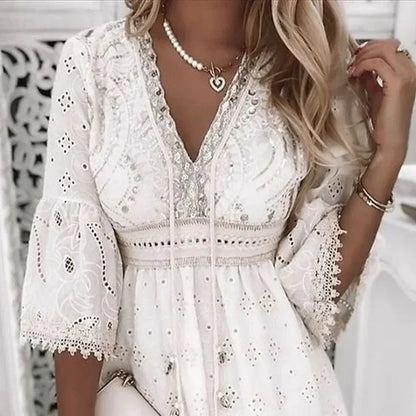 Ava | Women's Summer Boho Mini Dress with Lace Bell Sleeves 5