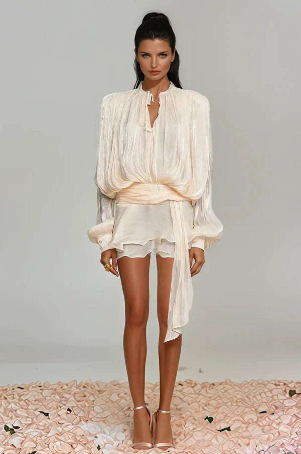 Ava | Women's Summer Ruffle Mini Dress with Balloon Sleeves 0