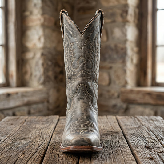 Brown cowboy boot on a wooden surface with a rustic stone wall background
