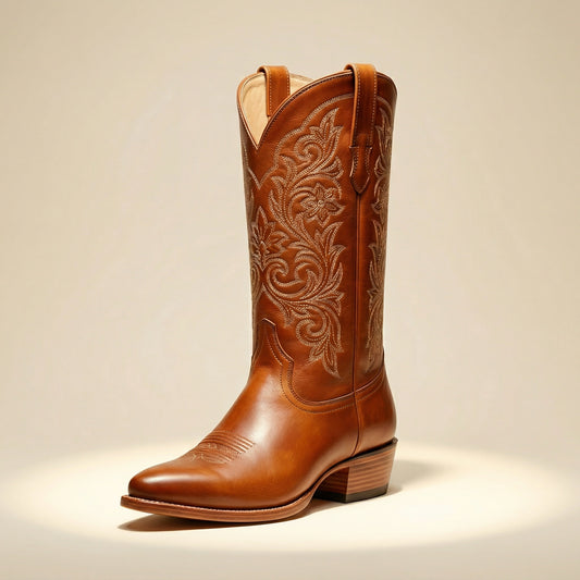 Brown cowboy boot with intricate embossing on a beige background