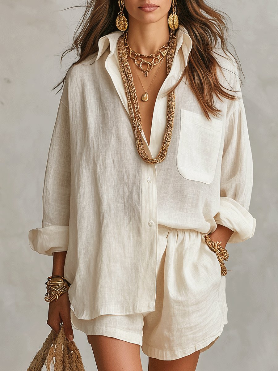 Fiona | Women's Loungewear Linen Set with Oversized Shirt and Adjustable Shorts 0
