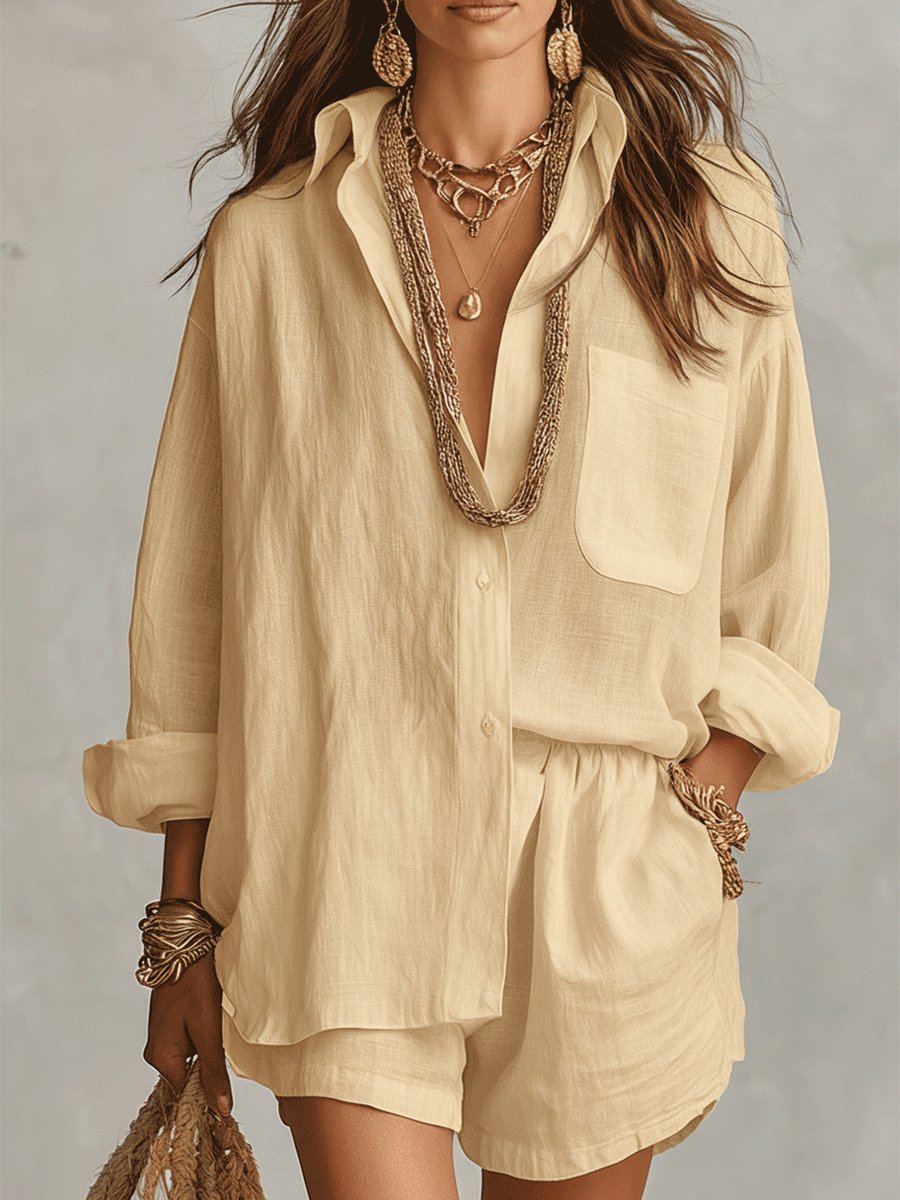 Fiona | Women's Loungewear Linen Set with Oversized Shirt and Adjustable Shorts 3