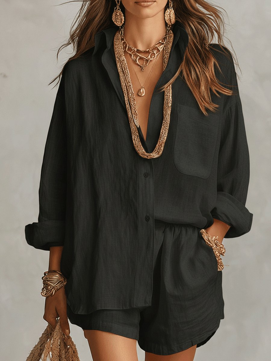 Fiona | Women's Loungewear Linen Set with Oversized Shirt and Adjustable Shorts 4