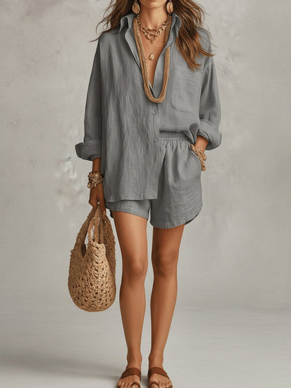 Fiona | Women's Loungewear Linen Set with Oversized Shirt and Adjustable Shorts 5