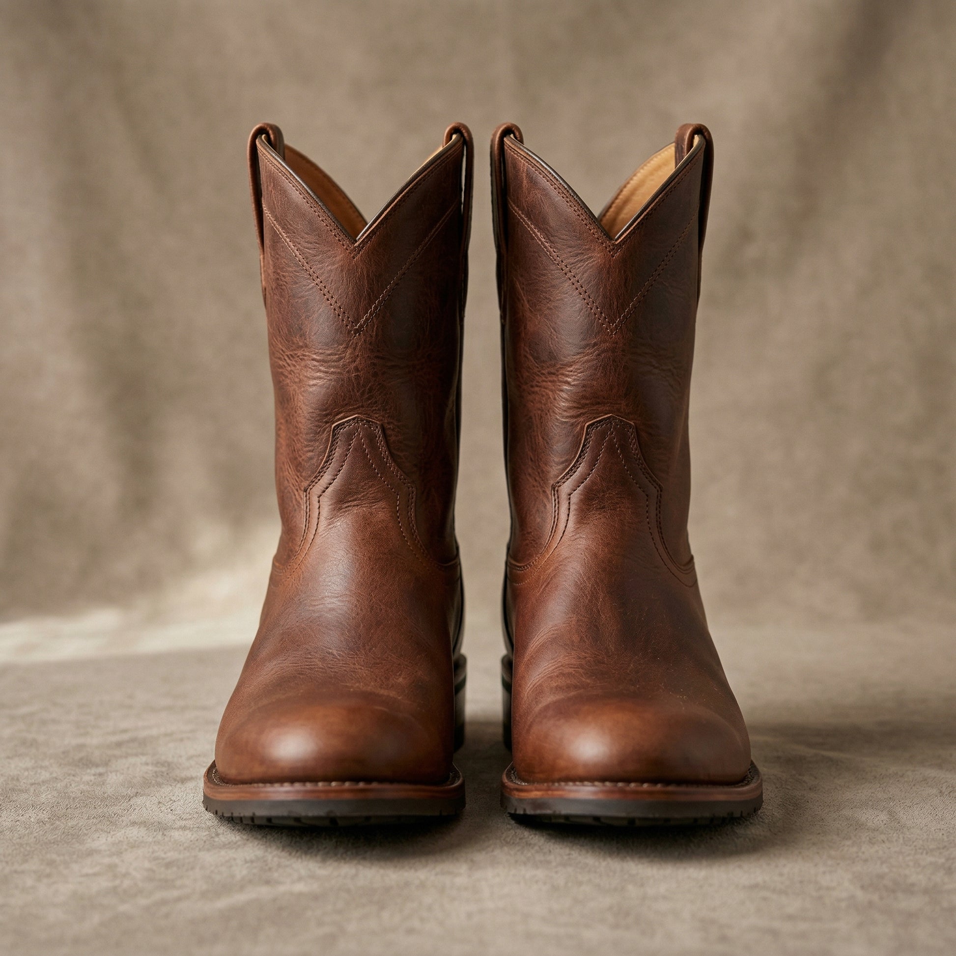 Pair of brown leather boots on a neutral background