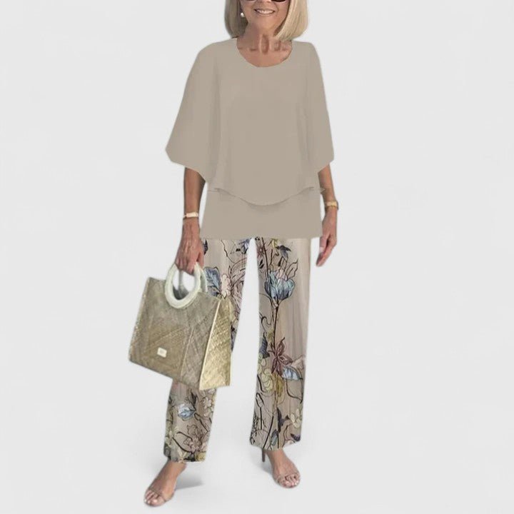Sophie | Women's Loungewear Botanical Two-Piece Set with Layered Top and Wide-Leg Trousers 0
