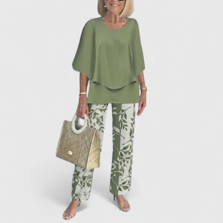 Sophie | Women's Loungewear Botanical Two-Piece Set with Layered Top and Wide-Leg Trousers 1