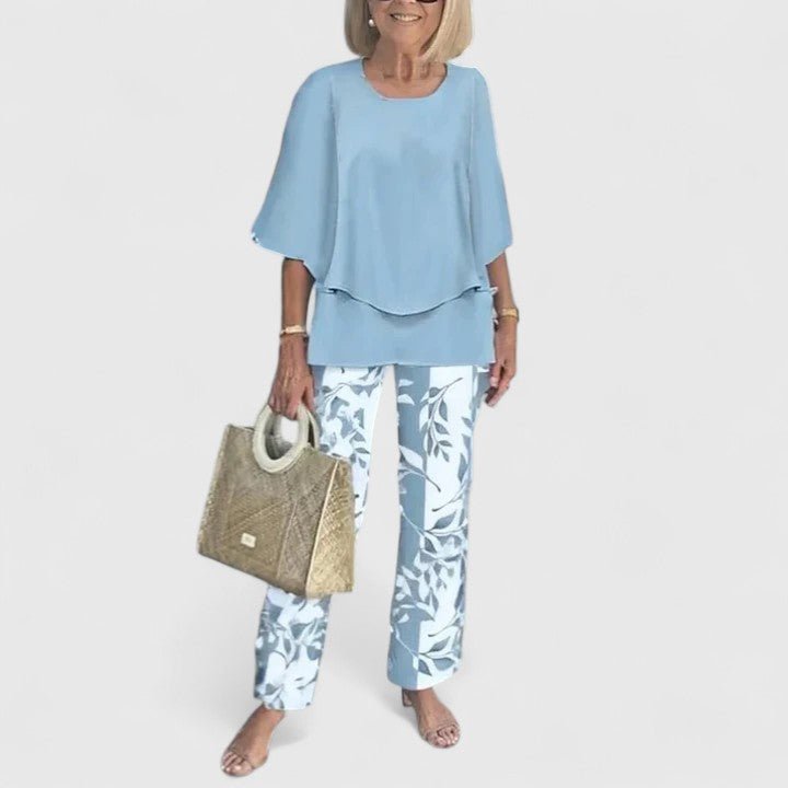 Sophie | Women's Loungewear Botanical Two-Piece Set with Layered Top and Wide-Leg Trousers 10