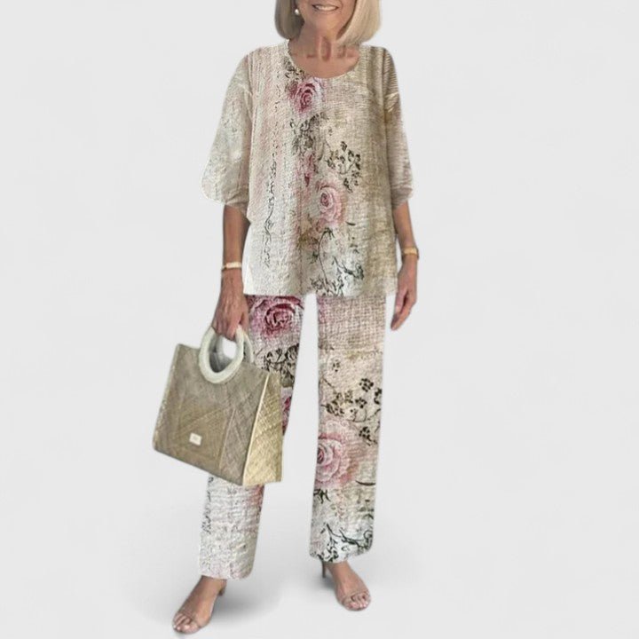 Sophie | Women's Loungewear Botanical Two-Piece Set with Layered Top and Wide-Leg Trousers 11