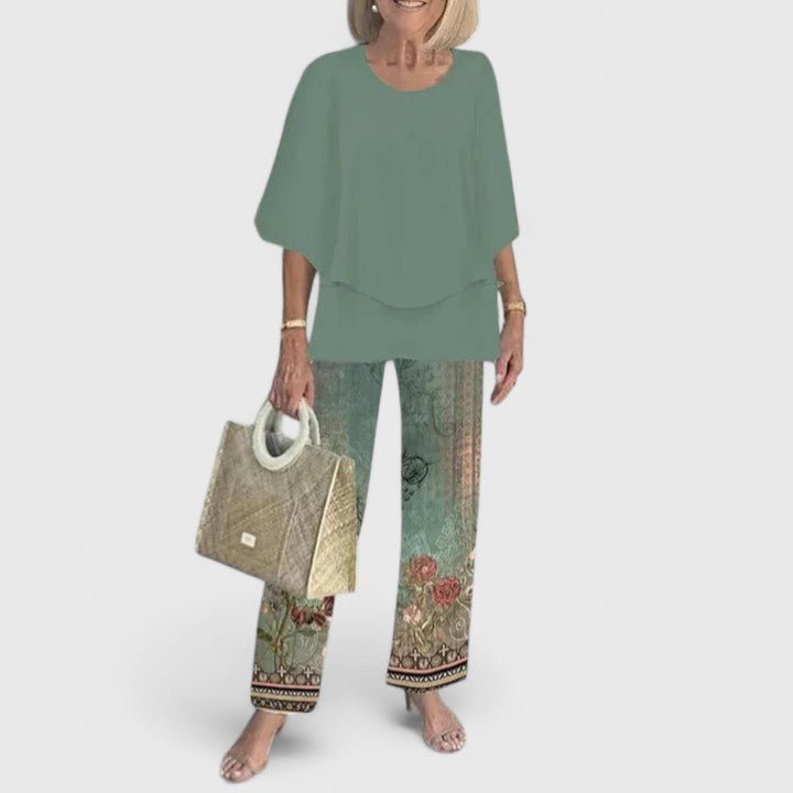 Sophie | Women's Loungewear Botanical Two-Piece Set with Layered Top and Wide-Leg Trousers 4