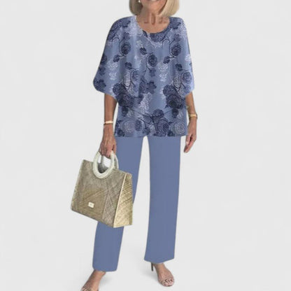 Sophie | Women's Loungewear Botanical Two-Piece Set with Layered Top and Wide-Leg Trousers 7