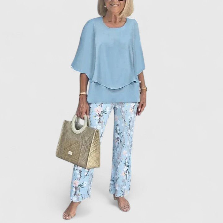 Sophie | Women's Loungewear Botanical Two-Piece Set with Layered Top and Wide-Leg Trousers 8