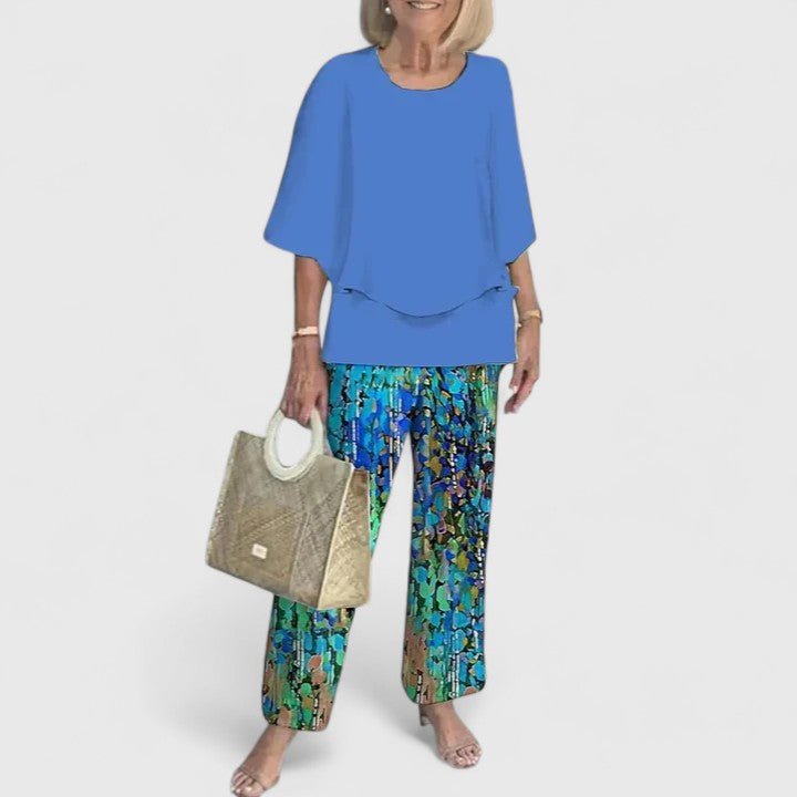 Sophie | Women's Loungewear Botanical Two-Piece Set with Layered Top and Wide-Leg Trousers 9