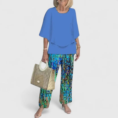 Sophie | Women's Loungewear Botanical Two-Piece Set with Layered Top and Wide-Leg Trousers 9