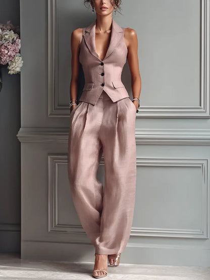 Willa | Women's Linen Sleeveless Vest and Wide-Leg Trousers Set in Soft Blush Pink 0