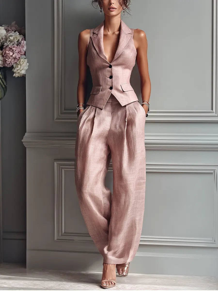 Willa | Women's Linen Sleeveless Vest and Wide-Leg Trousers Set in Soft Blush Pink 1