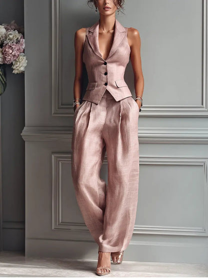 Willa | Women's Linen Sleeveless Vest and Wide-Leg Trousers Set in Soft Blush Pink 1