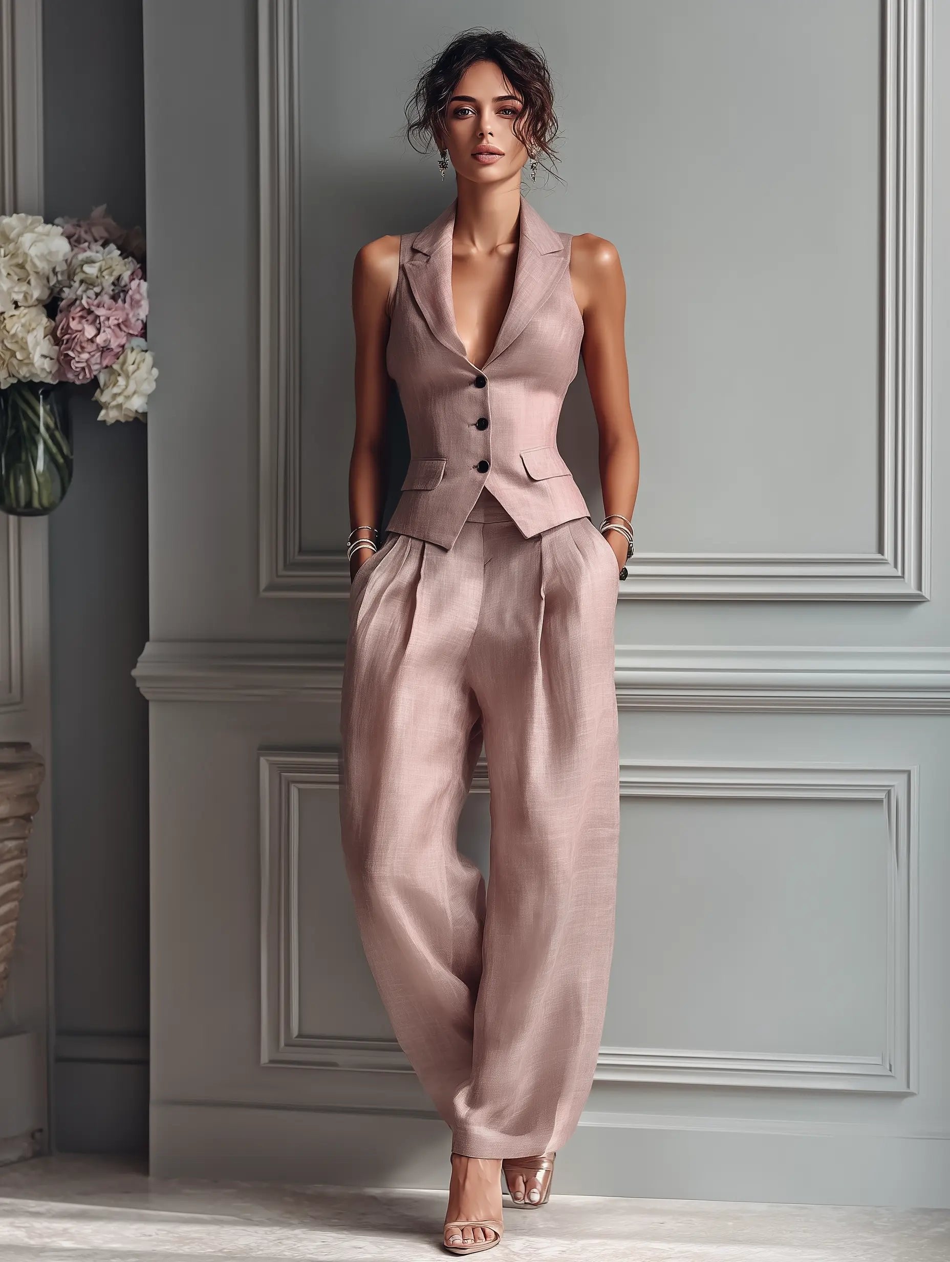 Willa | Women's Linen Sleeveless Vest and Wide-Leg Trousers Set in Soft Blush Pink 2