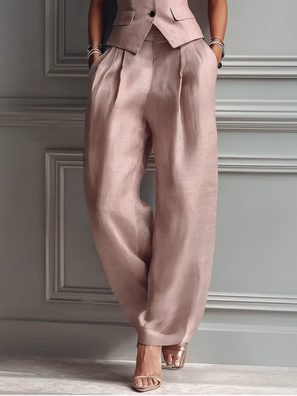 Willa | Women's Linen Sleeveless Vest and Wide-Leg Trousers Set in Soft Blush Pink 4