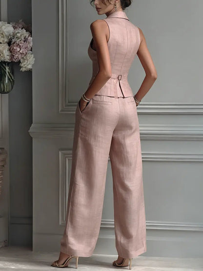 Willa | Women's Linen Sleeveless Vest and Wide-Leg Trousers Set in Soft Blush Pink 5