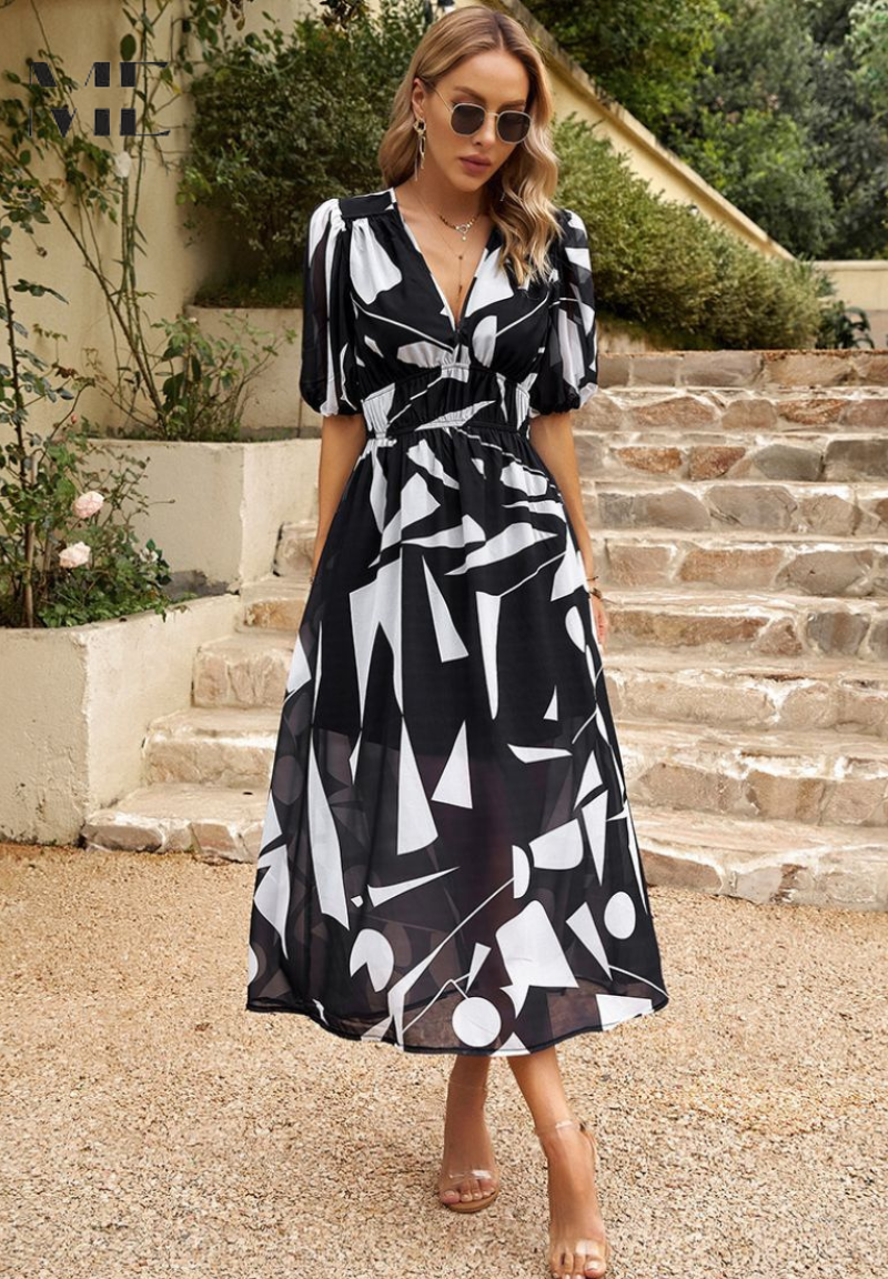 Women's Abstract Print Midi Dress | Adjustable Belted Design, Elegant Summer Style 11