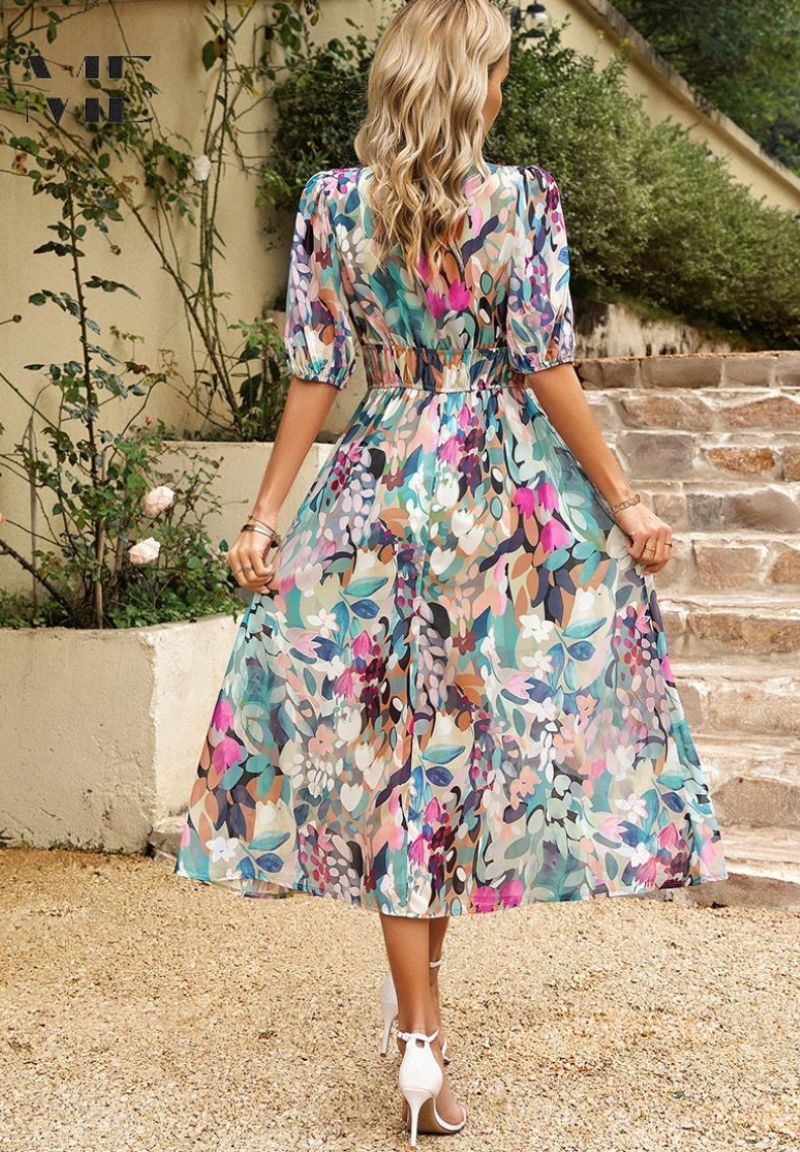 Women's Abstract Print Midi Dress | Adjustable Belted Design, Elegant Summer Style 2