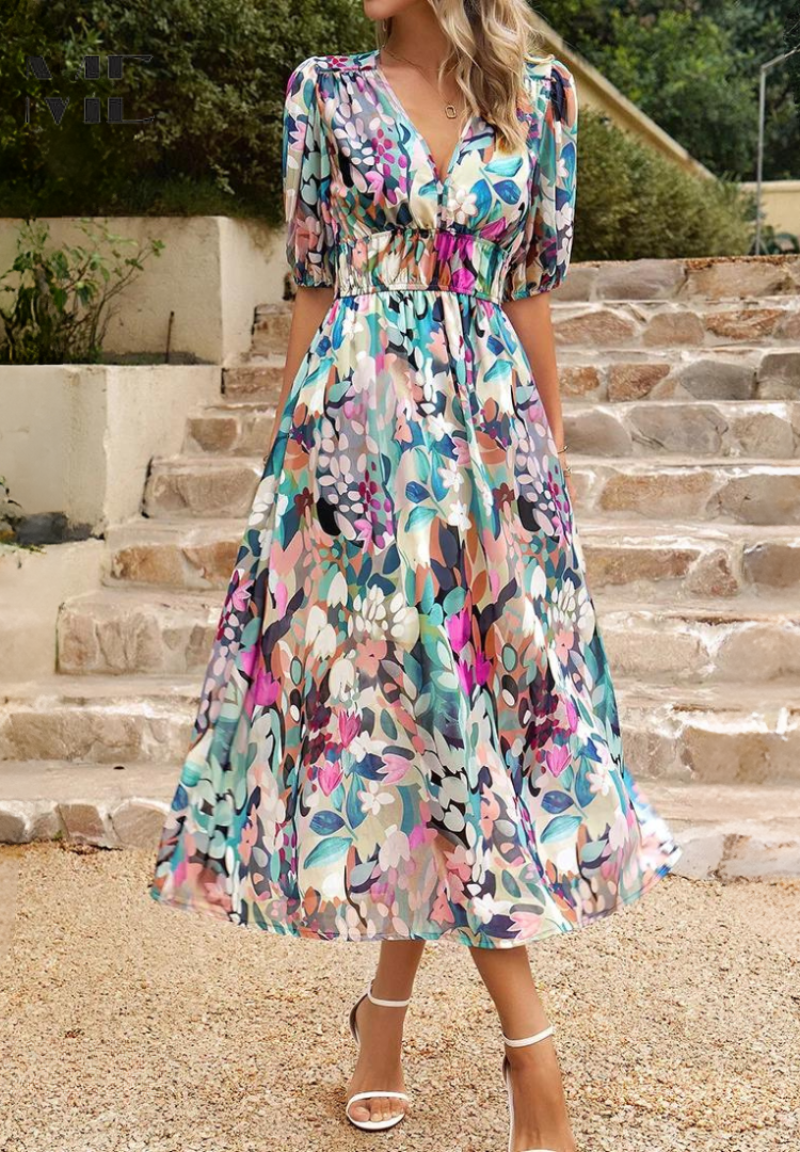 Women's Abstract Print Midi Dress | Adjustable Belted Design, Elegant Summer Style 3