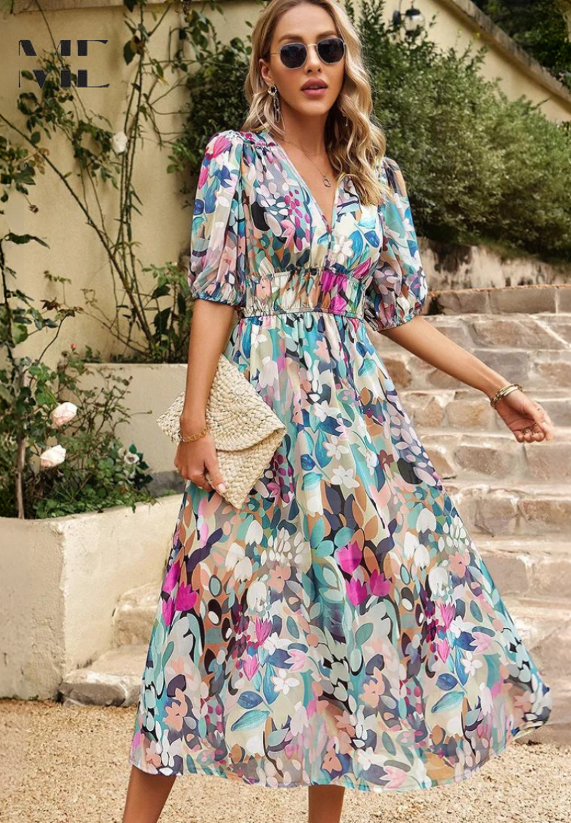 Women's Abstract Print Midi Dress | Adjustable Belted Design, Elegant Summer Style 4