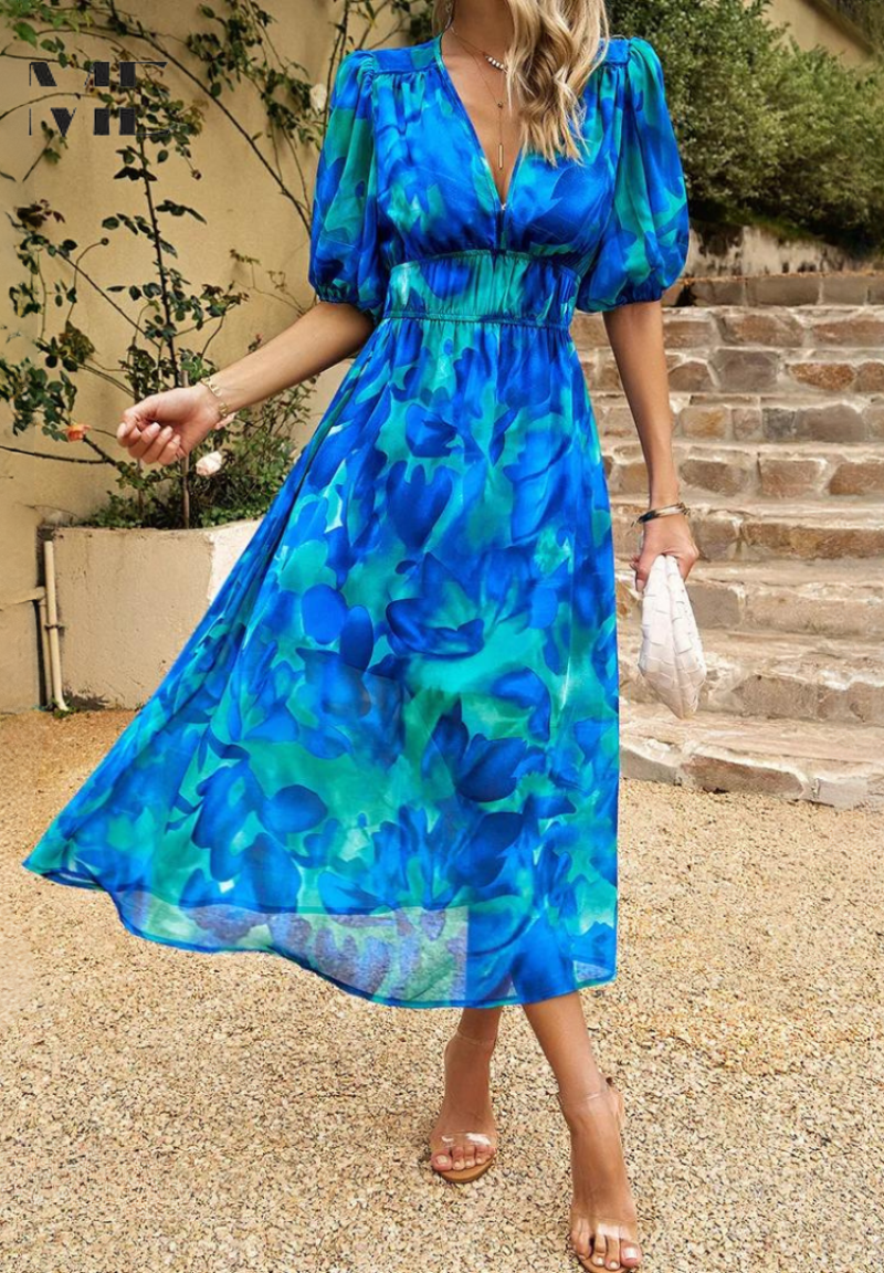 Women's Abstract Print Midi Dress | Adjustable Belted Design, Elegant Summer Style 8