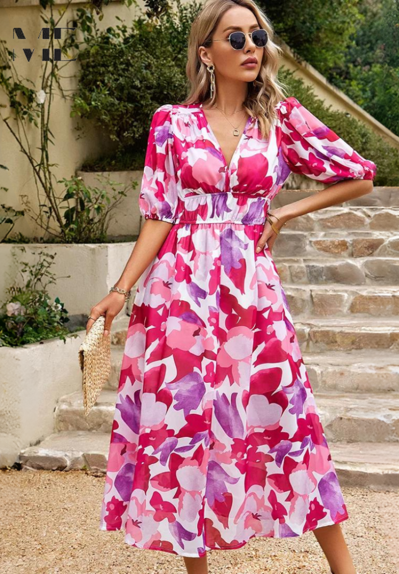 Women's Abstract Print Midi Dress | Adjustable Belted Design, Elegant Summer Style 9
