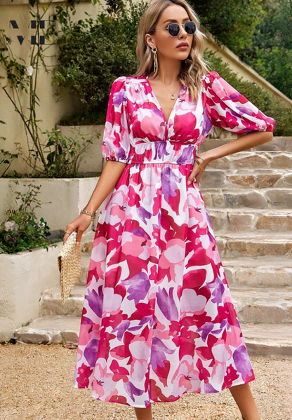 Women's Abstract Print Midi Dress | Adjustable Belted Design, Elegant Summer Style 9