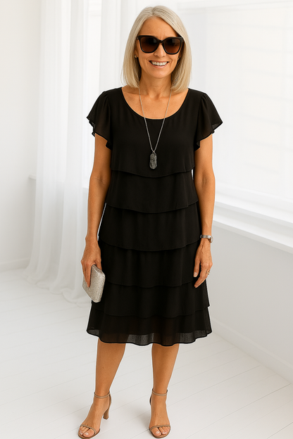 Women's Black Midi Dress | Layered Skirt, Elegant Formal Style 1