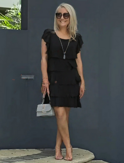Women's Black Midi Dress | Layered Skirt, Elegant Formal Style 6