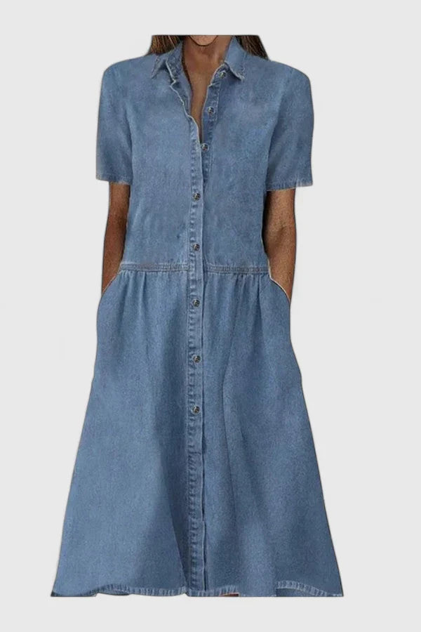 Women's Denim Dress | Flattering Button Design, Short Sleeves 0