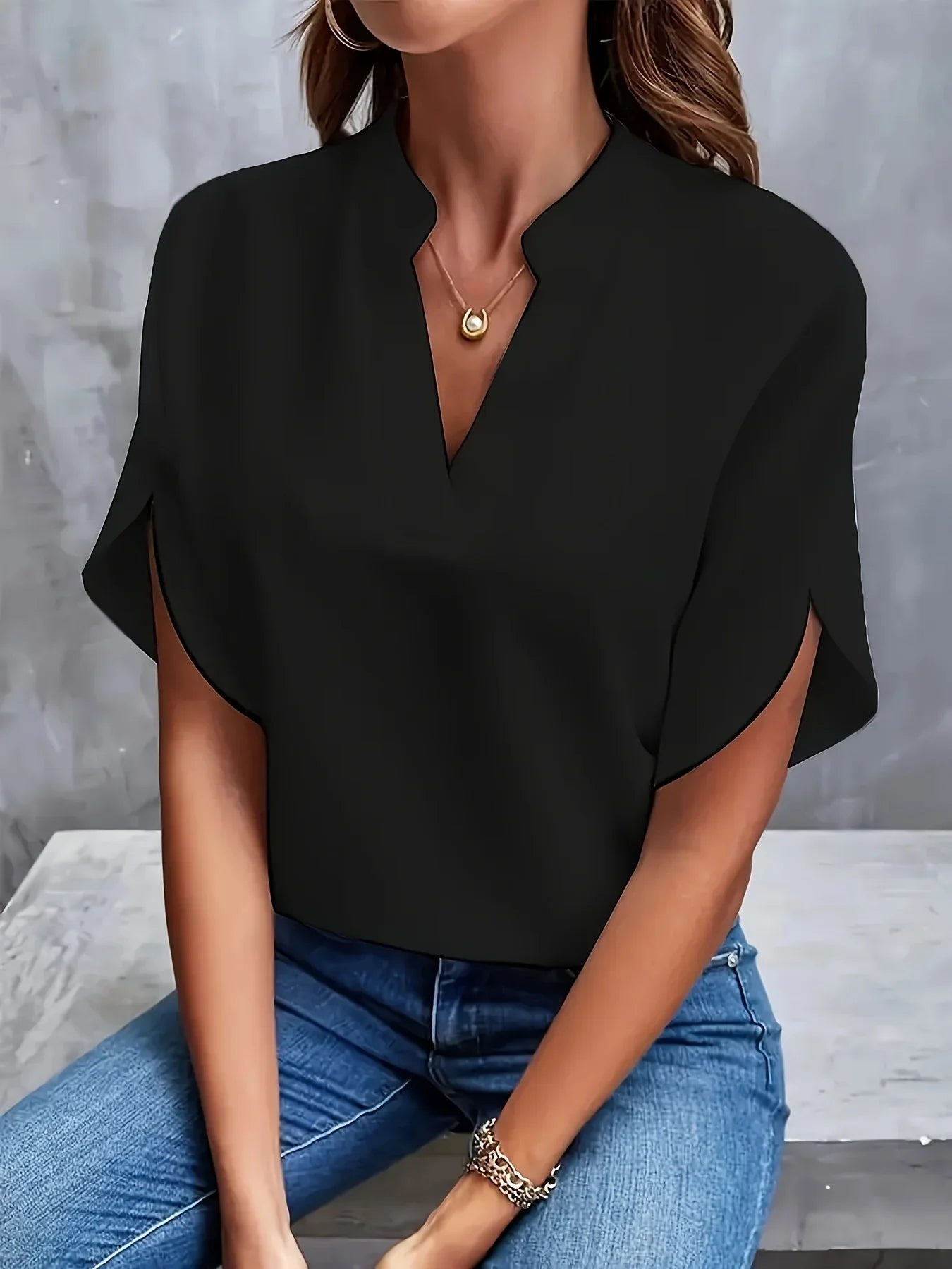 Women's Elegant Blouse | Tailored V-Neck, Cap Sleeves 3