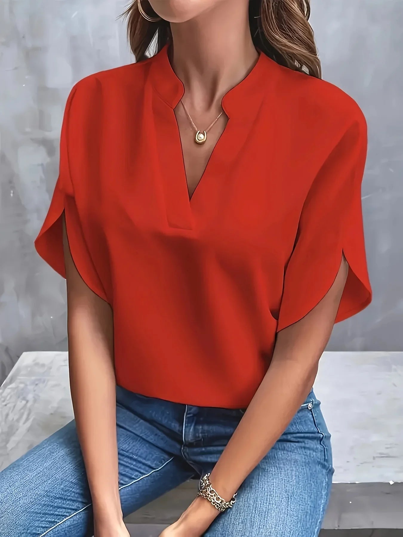 Women's Elegant Blouse | Tailored V-Neck, Cap Sleeves 4