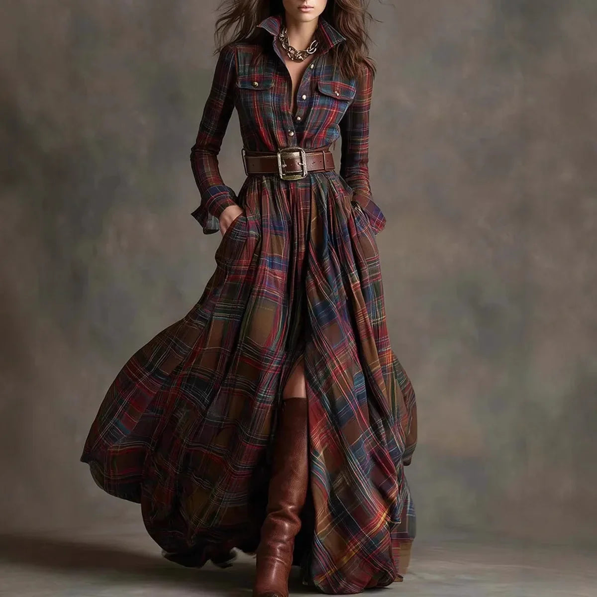 Women's Elegant Maxi Dress | Chic Plaid Design 0