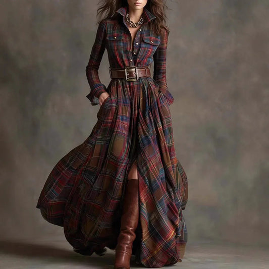 Women's Elegant Maxi Dress | Chic Plaid Design 0