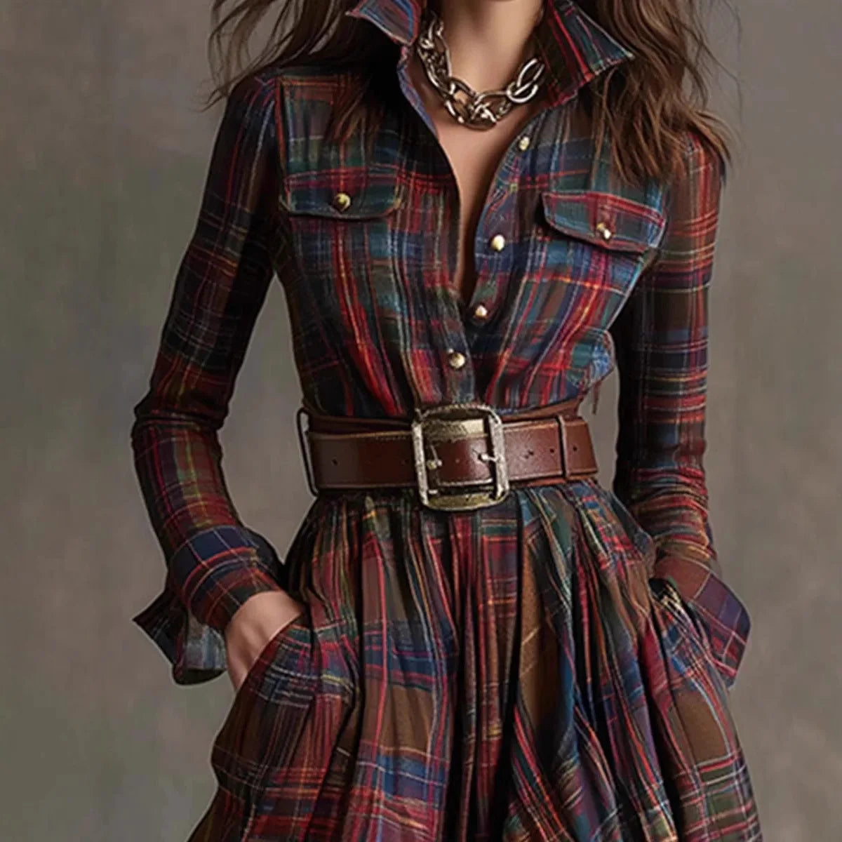 Women's Elegant Maxi Dress | Chic Plaid Design 2